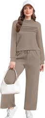 WIHOLL Two Piece Sets for Women Spring Travel Vacation Outfits 2026 Long Sleeve Lounge Sets Side Slit Wide Leg Pants S-3XL