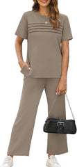 WIHOLL Two Piece Sets for Women Summer Spring Travel Vacation Outfits Short Sleeve Lounge Sets Side Slit Wide Leg Pants S-3XL