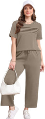 WIHOLL Two Piece Sets for Women Summer Spring Travel Vacation Outfits Short Sleeve Lounge Sets Side Slit Wide Leg Pants S-3XL