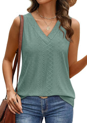 WIHOLL Tank Top for Women Summer Outfits V Neck T Shirts Trendy Eyelet Sleeveless Basic Beach Vacation Clothes