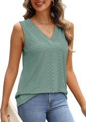 WIHOLL Tank Top for Women Summer Outfits V Neck T Shirts Trendy Eyelet Sleeveless Basic Beach Vacation Clothes