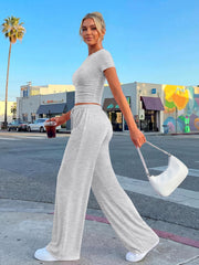 Trendy Queen 2 Piece Matching Summer Lounge Set Womens Side Ruching Top Wide Leg Pants Sets with Pockets