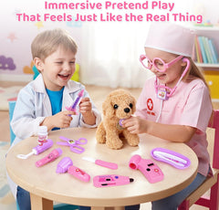 Meland Toy Doctor Kit for Girls, Pretend Play Toy Doctor Set with Dog , Carrying Bag, Stethoscope & Dress Up Costume Gift for Kids Toddlers Ages 3 4 5 6 Year Old for Role Play