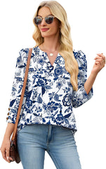 WIHOLL 3/4 Length Sleeve Womens Tops with Button Cuffs Dressy Casual V Neck Summer Outfits Early Fall Fashion Spring Clothes