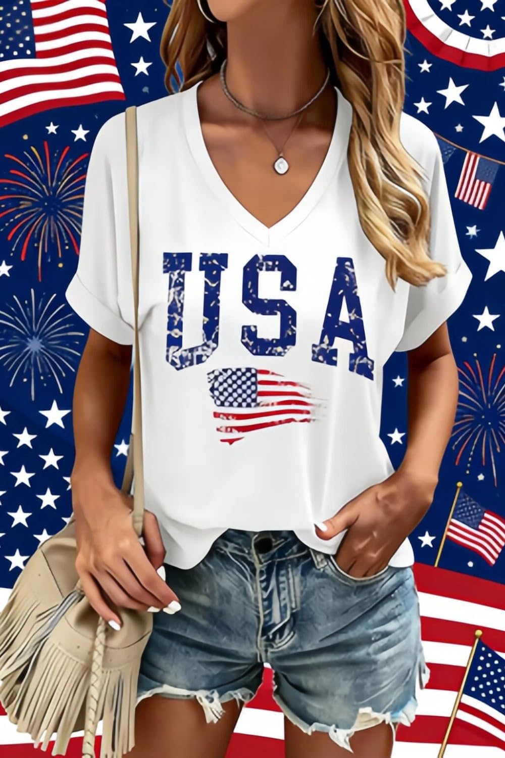USA Flag V-Neck Shirt Women Star and Stripes Graphic Tops Red White and Blue Short Sleeve Tee Summer Patriotic T-Shirt