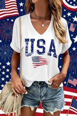USA Flag V-Neck Shirt Women Star and Stripes Graphic Tops Red White and Blue Short Sleeve Tee Summer Patriotic T-Shirt