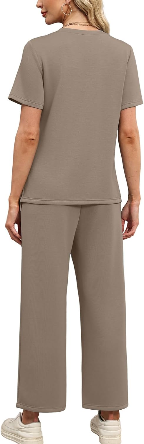 WIHOLL Two Piece Sets for Women Summer Spring Travel Vacation Outfits Short Sleeve Lounge Sets Side Slit Wide Leg Pants S-3XL