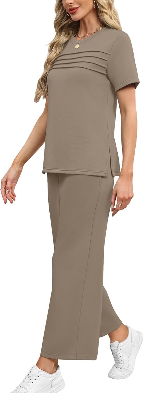WIHOLL Two Piece Sets for Women Summer Spring Travel Vacation Outfits Short Sleeve Lounge Sets Side Slit Wide Leg Pants S-3XL