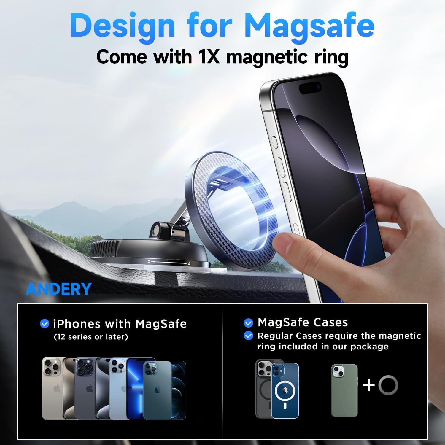 ANDERY Car Phone Holder for Magsafe [78+LBS Strongest Suction & 2400gf Magnetic] 360° Adjustable Car Phone Mount, Phone Holders for Your Car for iPhone 17 Pro Max 16 15 14 13 12 Plus Air, Carbon Fiber
