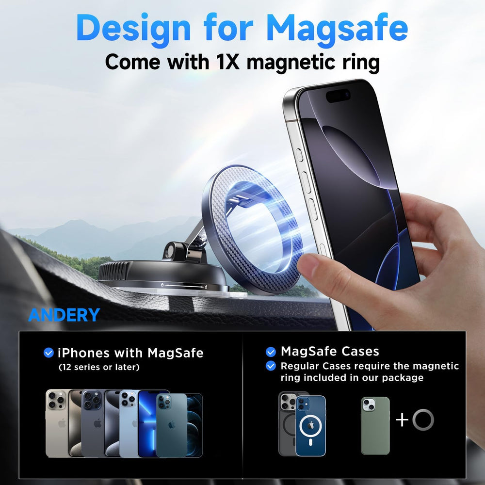 ANDERY Car Phone Holder for Magsafe [78+LBS Strongest Suction & 2400gf Magnetic] 360° Adjustable Car Phone Mount, Phone Holders for Your Car for iPhone 17 Pro Max 16 15 14 13 12 Plus Air, Carbon Fiber
