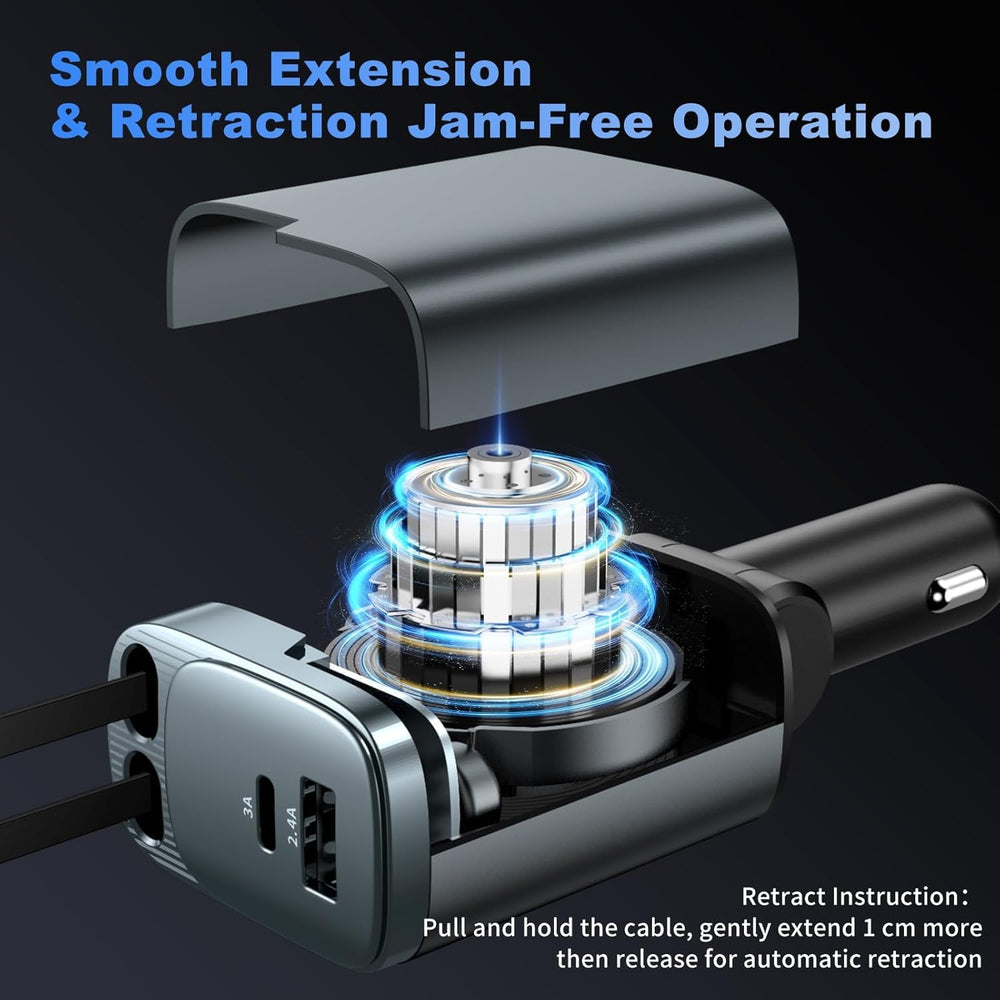 Retractable Car Charger 4 in 1, Car Charger USB C Fast Charge 84W Cigarette Lighter USB Charger, Travel Essentials Car Accessories Gifts for Men Women for iPhone 17 16 15 14 13 12 Pro Max, Samsung