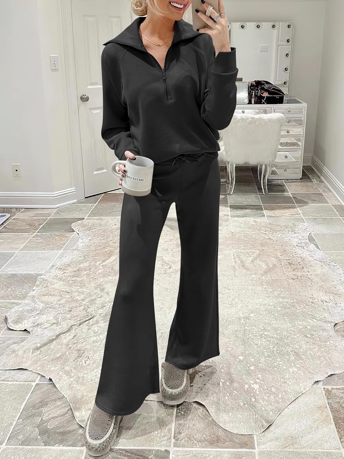 ANRABESS Women’s 2 Piece Outfits Half Zip Sweatshirt & Wide Leg Pants Airport Travel Lounge Matching Sets Sweatsuits Clothing
