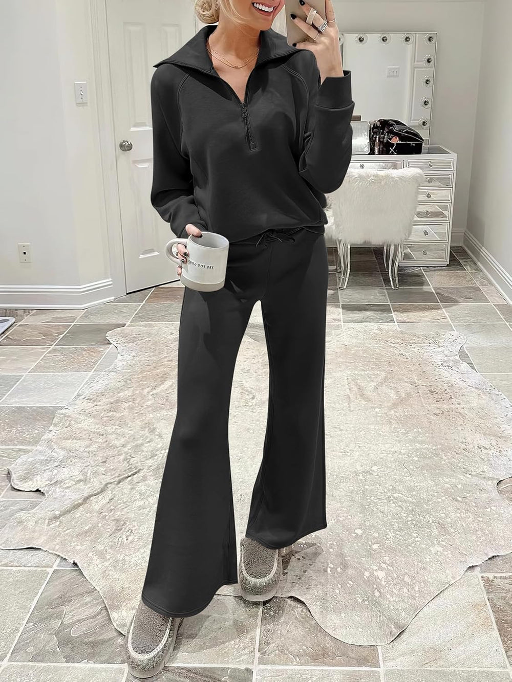 ANRABESS Women’s 2 Piece Outfits Half Zip Sweatshirt & Wide Leg Pants Airport Travel Lounge Matching Sets Sweatsuits Clothing