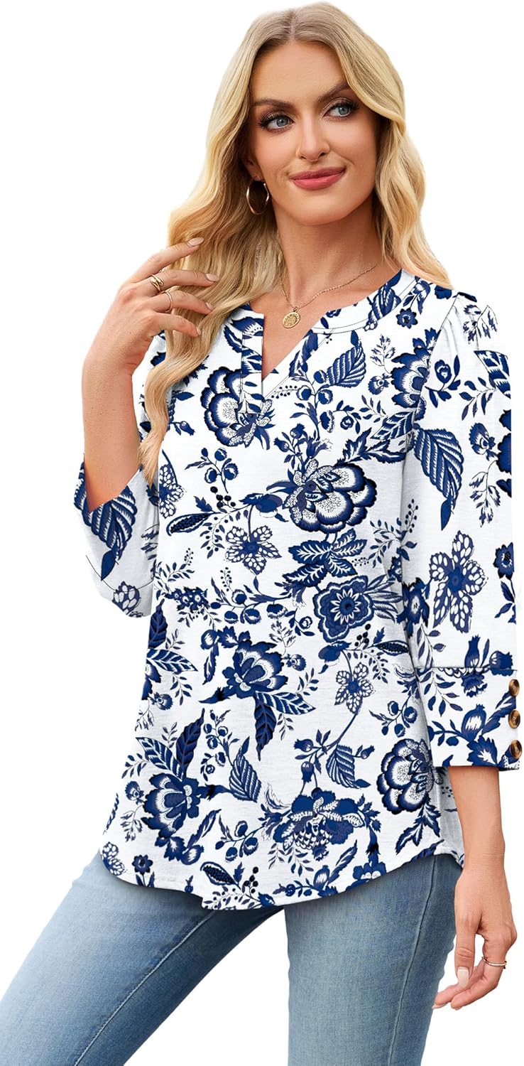 WIHOLL 3/4 Length Sleeve Womens Tops with Button Cuffs Dressy Casual V Neck Summer Outfits Early Fall Fashion Spring Clothes