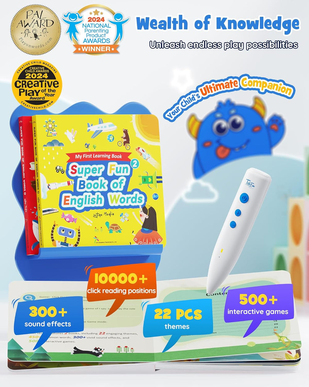 TEKFUN Learn to Read Words Books with Talking Pen, Educational Autism Sensory Toys for Kids, 500+ Learning Activities, Toddler Birthday Gifts for Boys Girls Ages 1-6