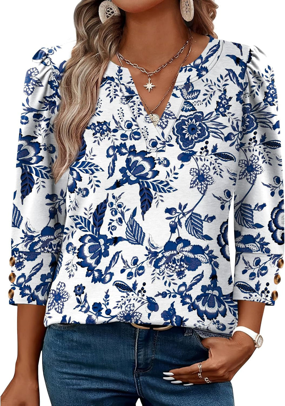 WIHOLL 3/4 Length Sleeve Womens Tops with Button Cuffs Dressy Casual V Neck Summer Outfits Early Fall Fashion Spring Clothes