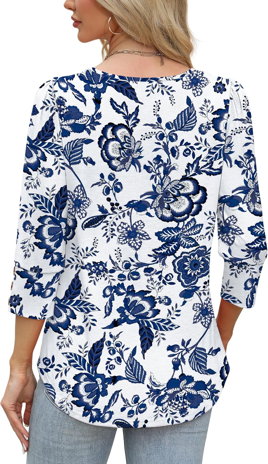 WIHOLL 3/4 Length Sleeve Womens Tops with Button Cuffs Dressy Casual V Neck Summer Outfits Early Fall Fashion Spring Clothes