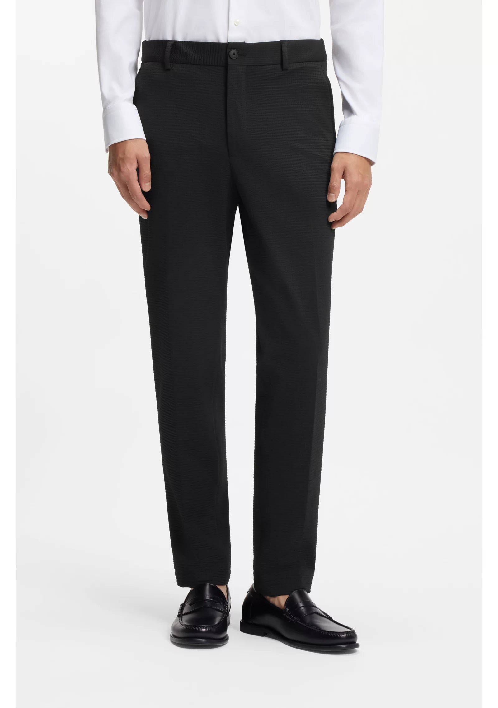 Tapered-fit trousers in stretch seersucker