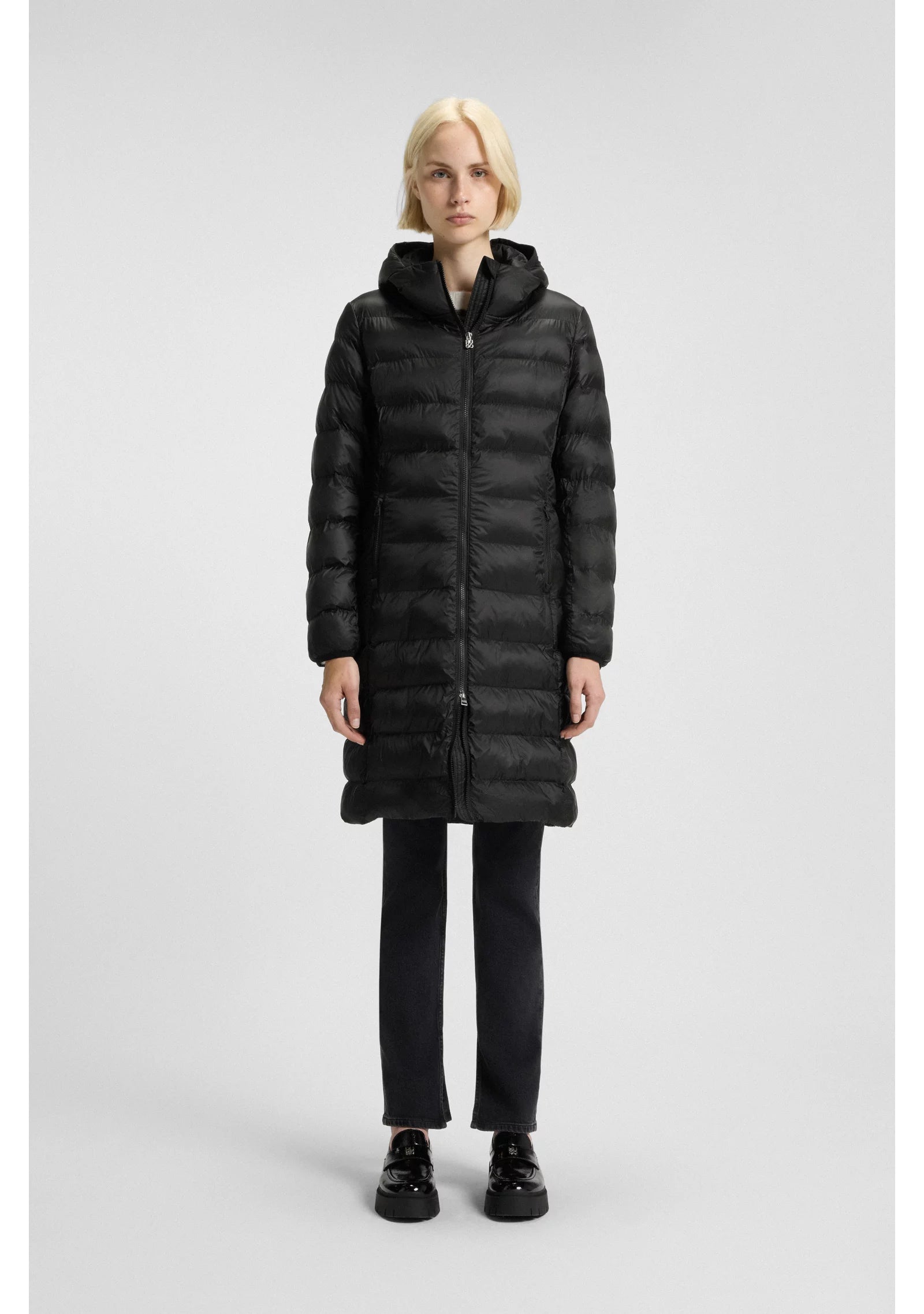 Water-repellent hooded coat with lightweight padding