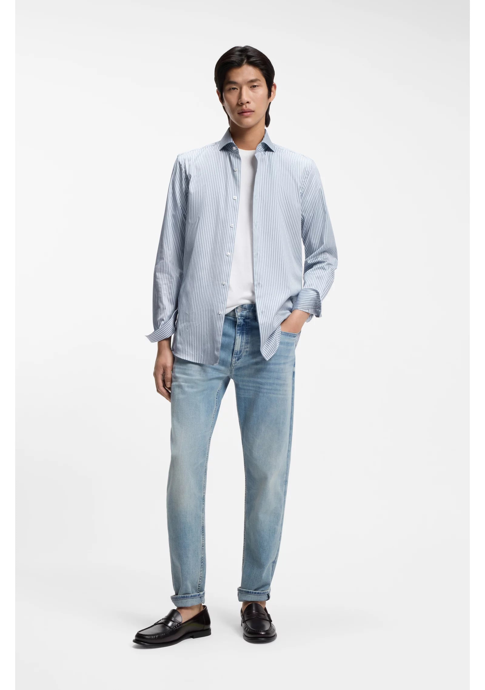 Slim-fit shirt in Italian-made striped cotton twill