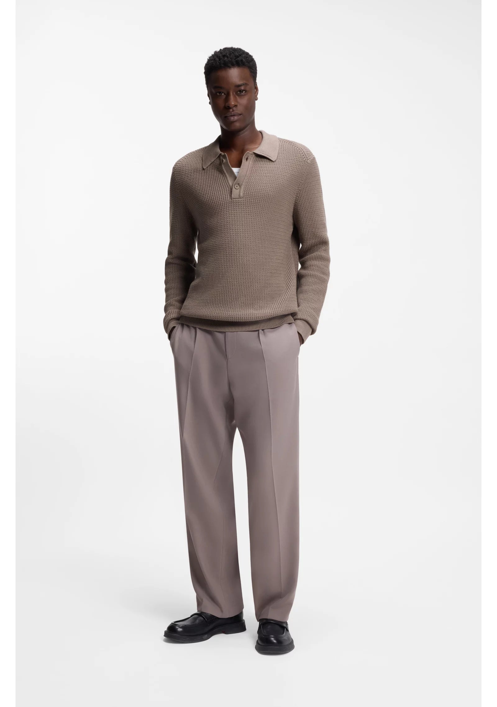 Relaxed-fit sweater in structured cotton with polo collar