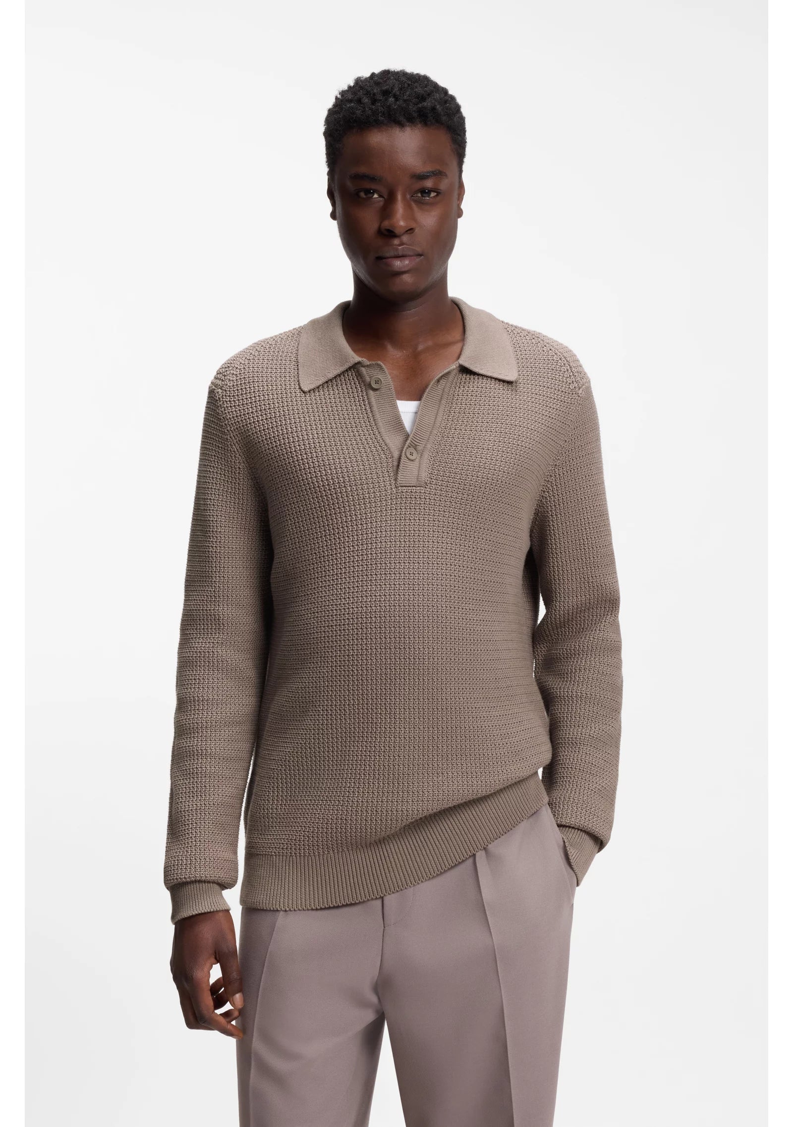 Relaxed-fit sweater in structured cotton with polo collar