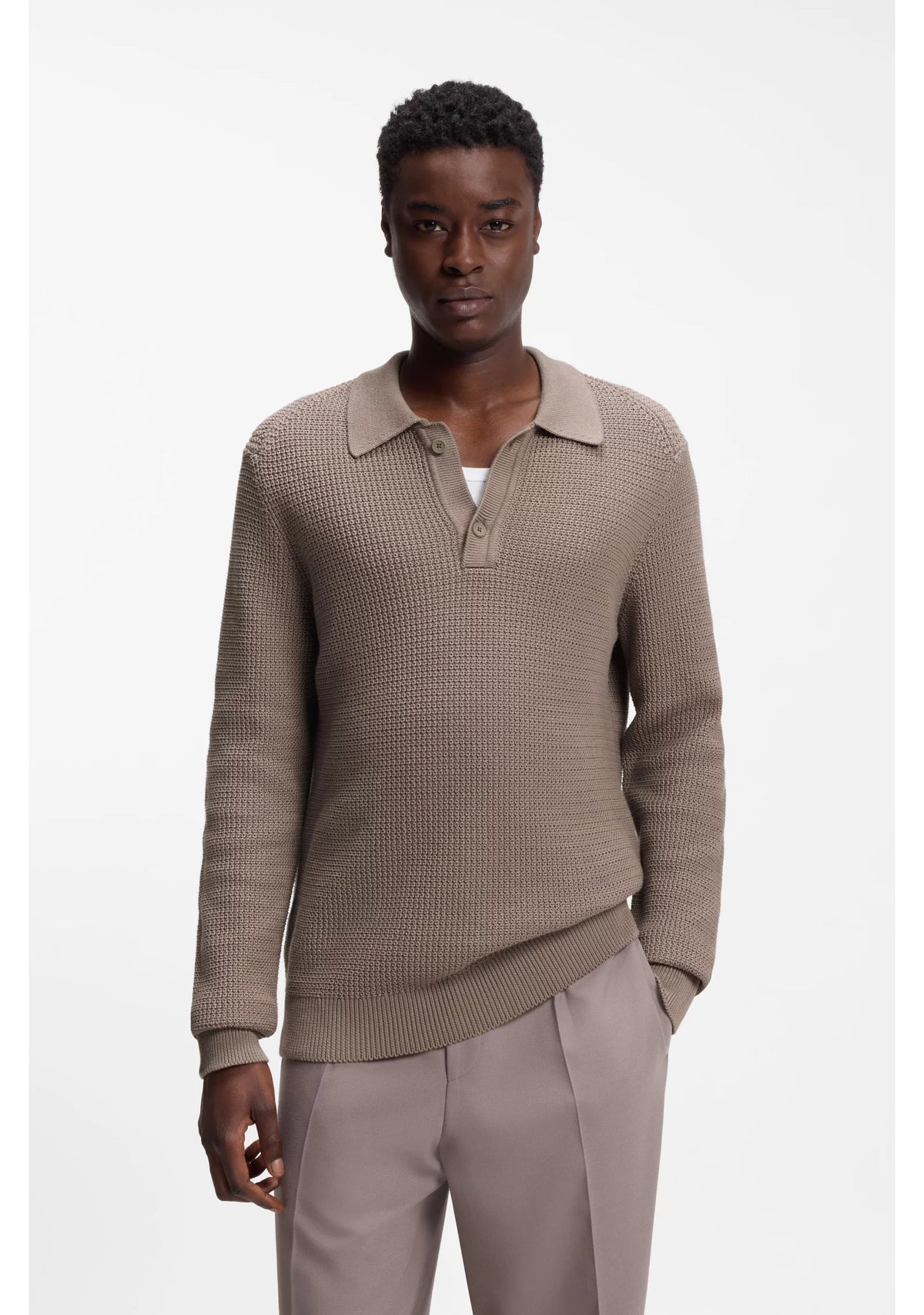 Relaxed-fit sweater in structured cotton with polo collar