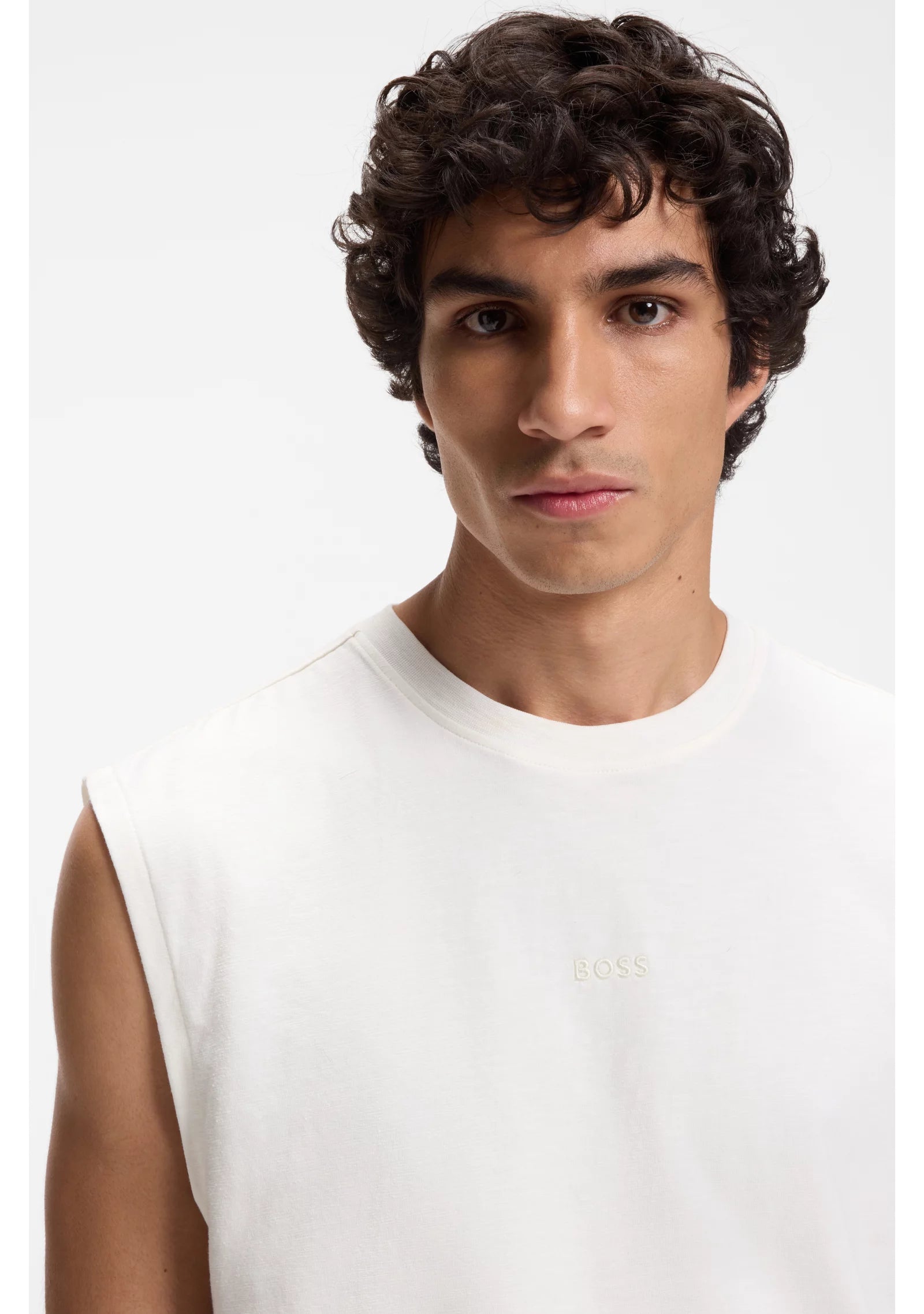 Sleeveless stretch-cotton T-shirt with slub effect