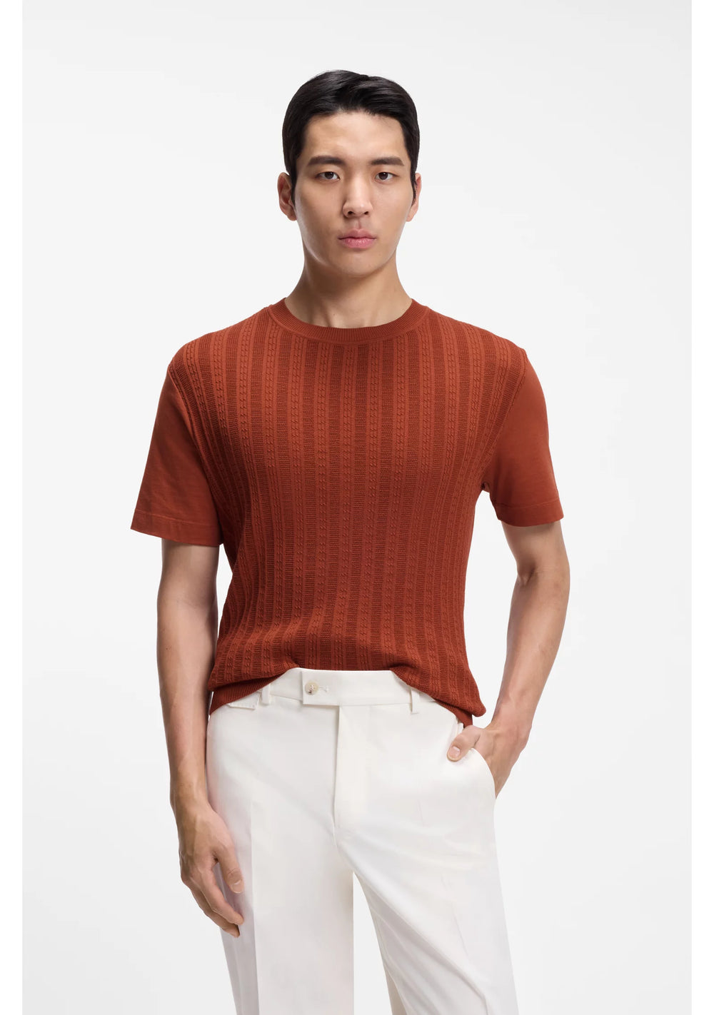 Cotton-silk T-shirt with cable-knit front panel