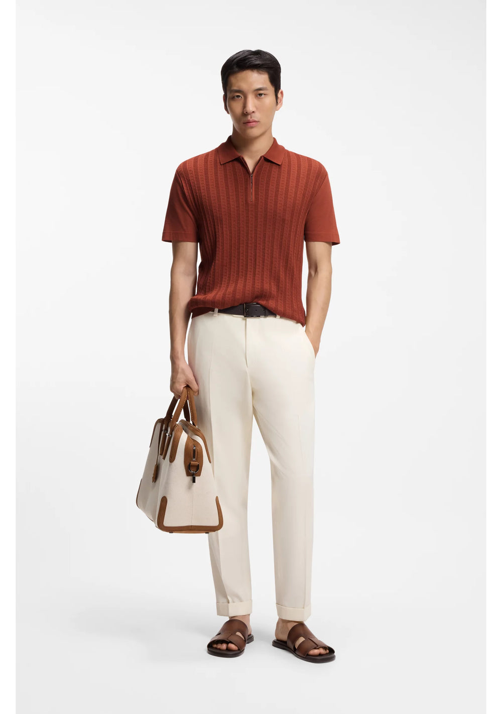 Zip-neck polo shirt in cotton and silk