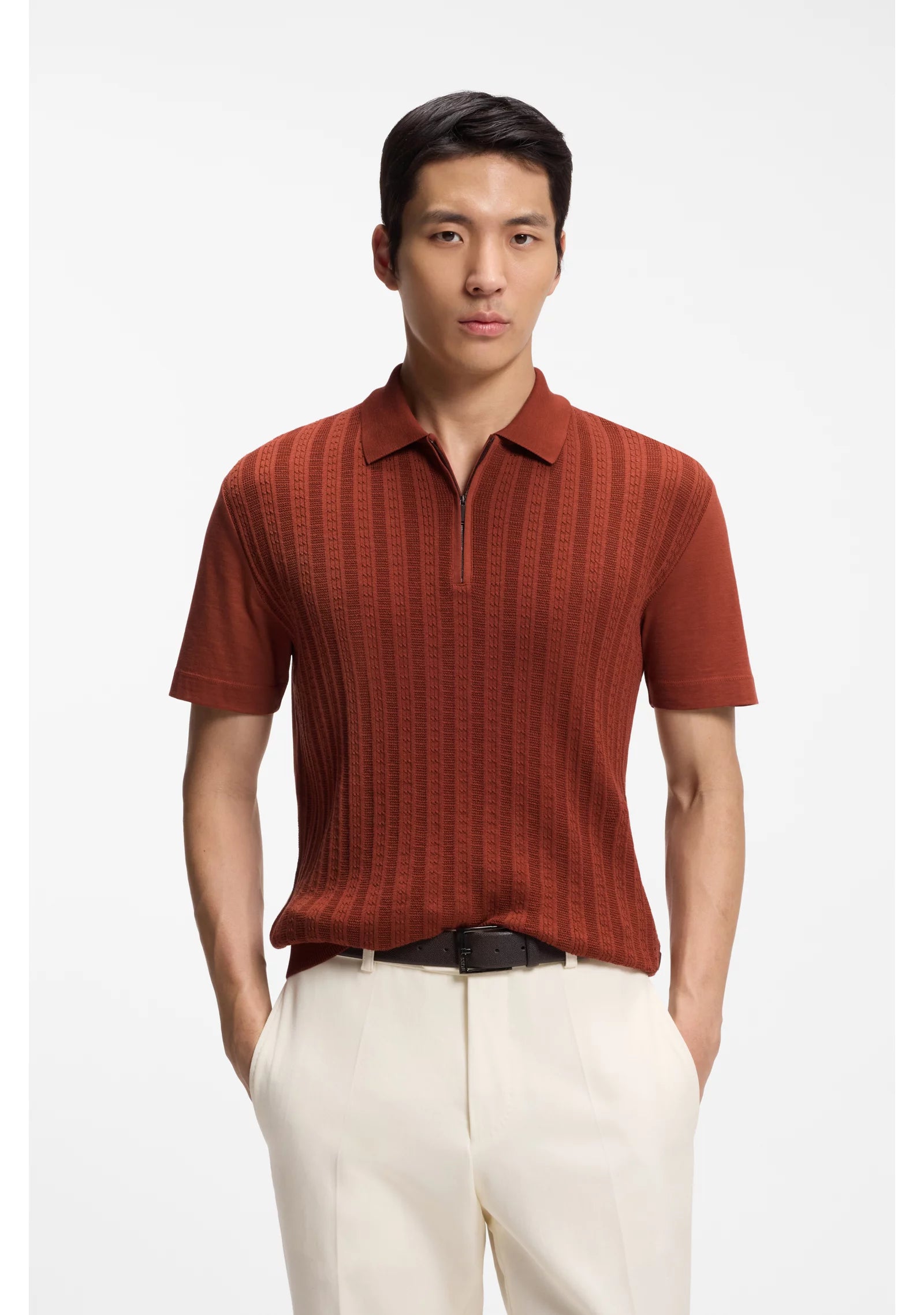 Zip-neck polo shirt in cotton and silk