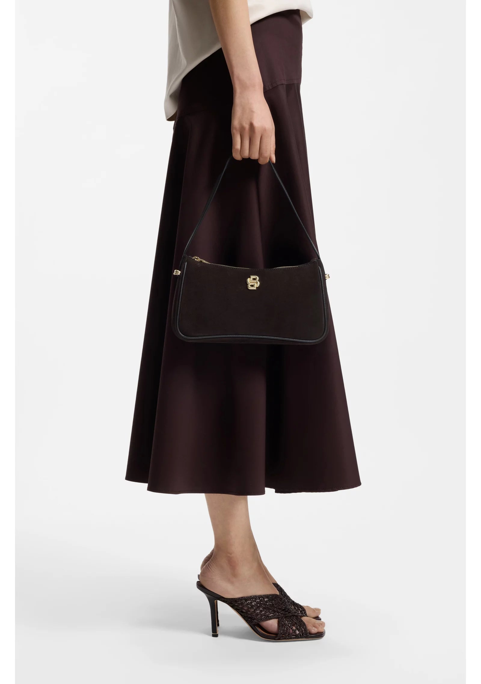 Suede shoulder bag with metallic Double B monogram