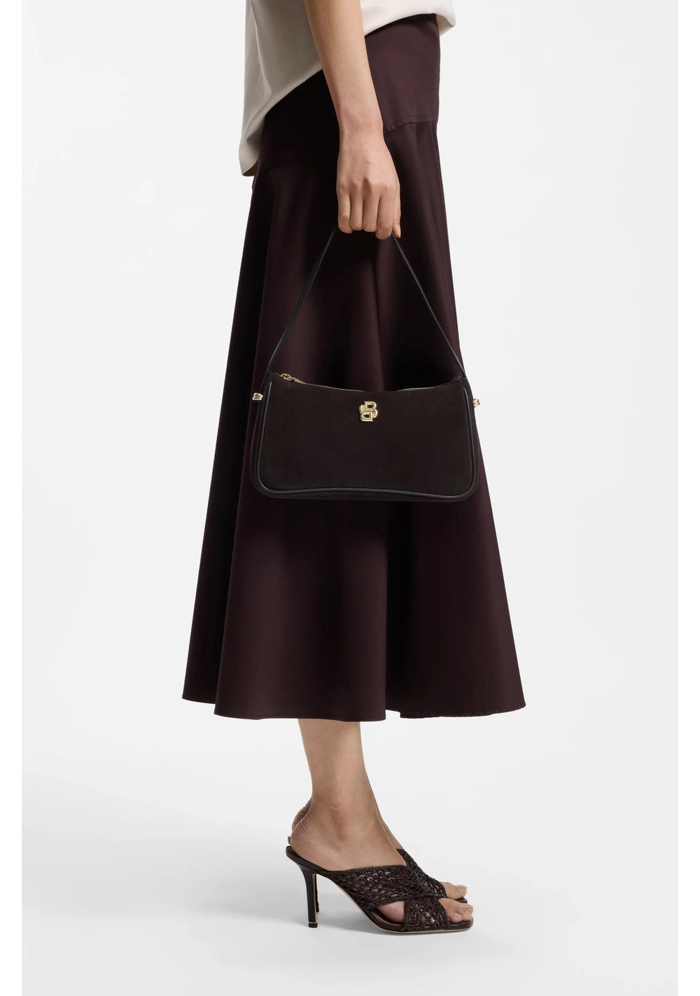 Suede shoulder bag with metallic Double B monogram