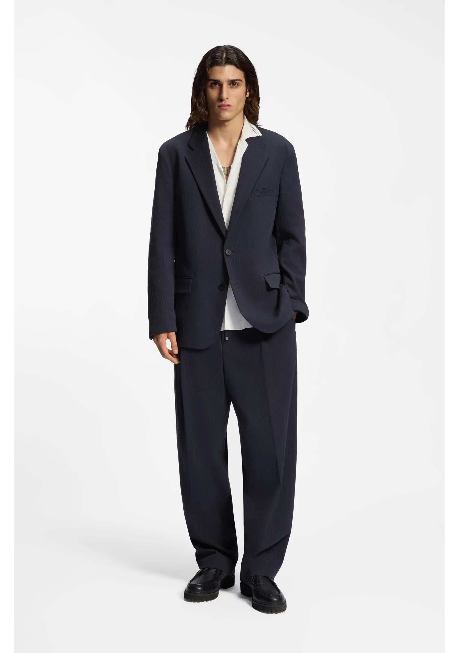 Modern-fit trousers in performance-stretch seersucker