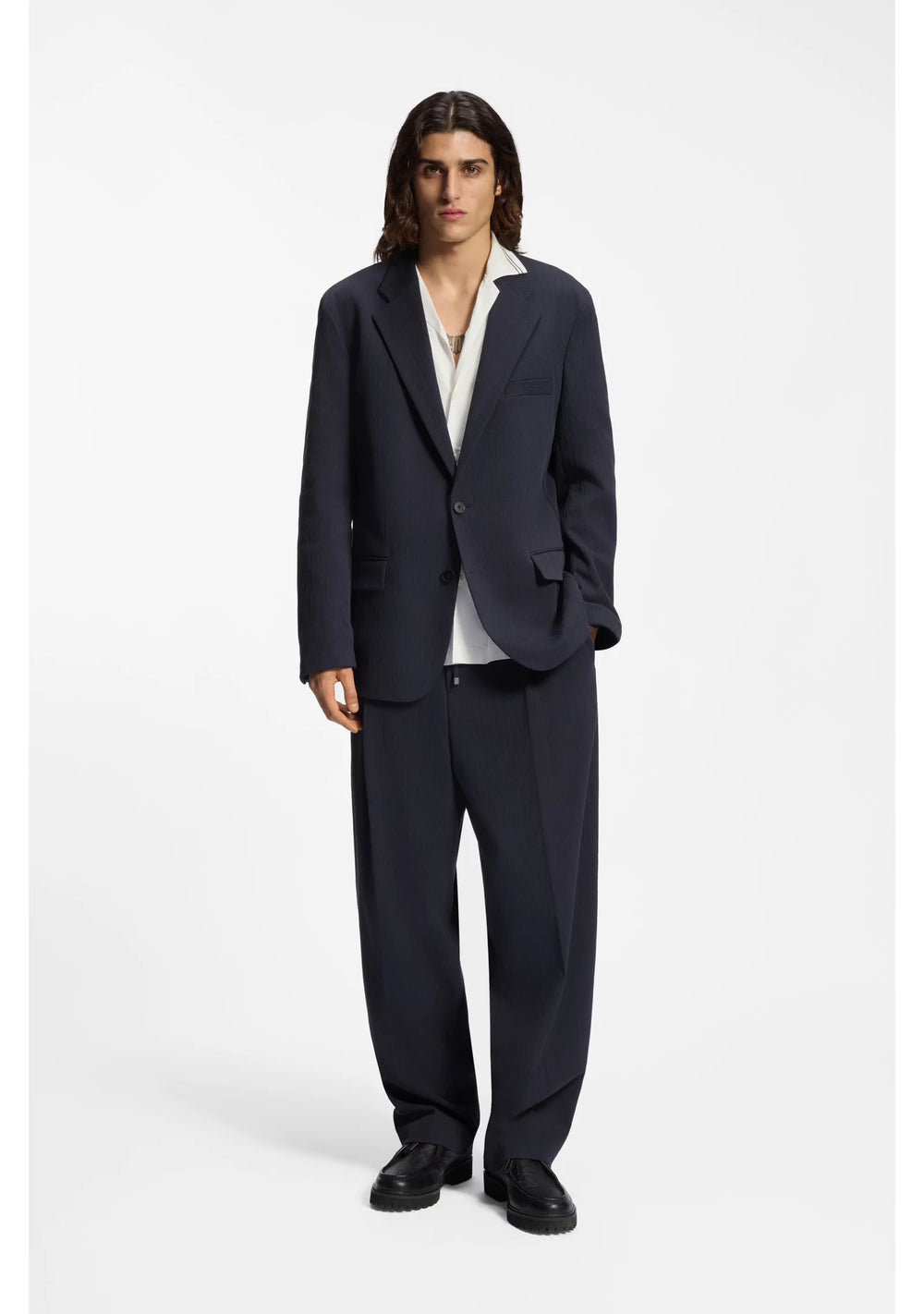 Modern-fit trousers in performance-stretch seersucker