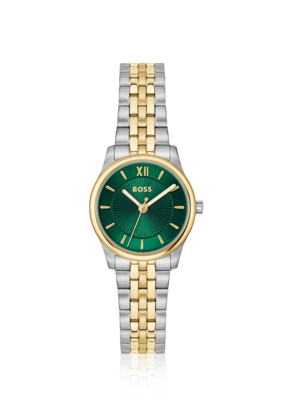 Graceful two-tone watch with sunburst-patterned dial
