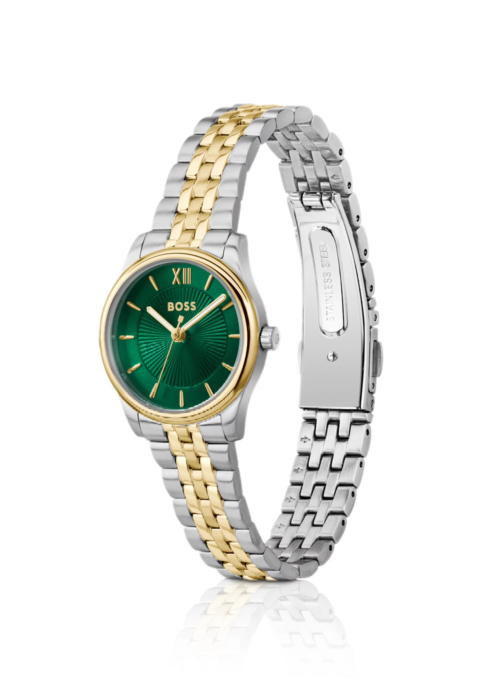 Graceful two-tone watch with sunburst-patterned dial